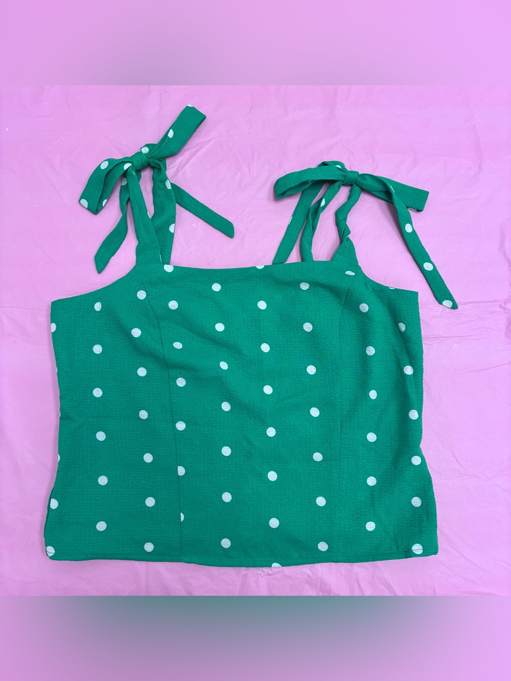 Old Navy Women’s Green White Polka Dot Square Neck Tie Strap Smocked Cami Sz M